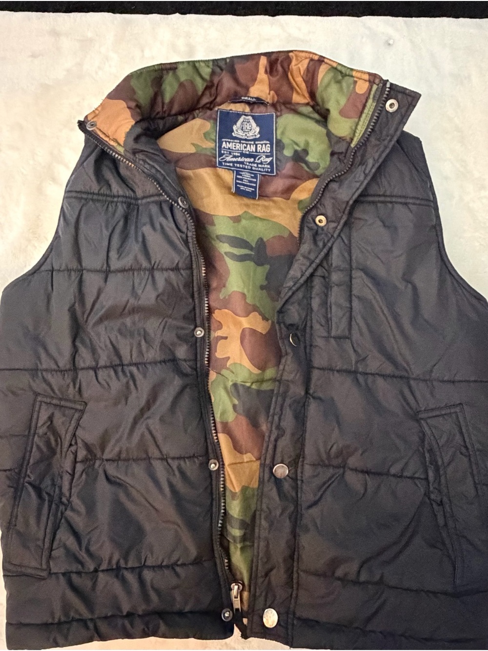 American Rag Black Puffer Vest with Camouflage Lining